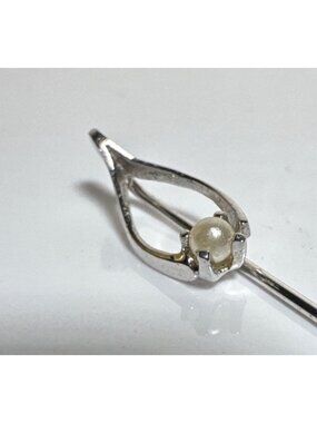 Silver Tone Stick Pin With Pearl Inspired Accent Wishbone Teardrop Design 2"